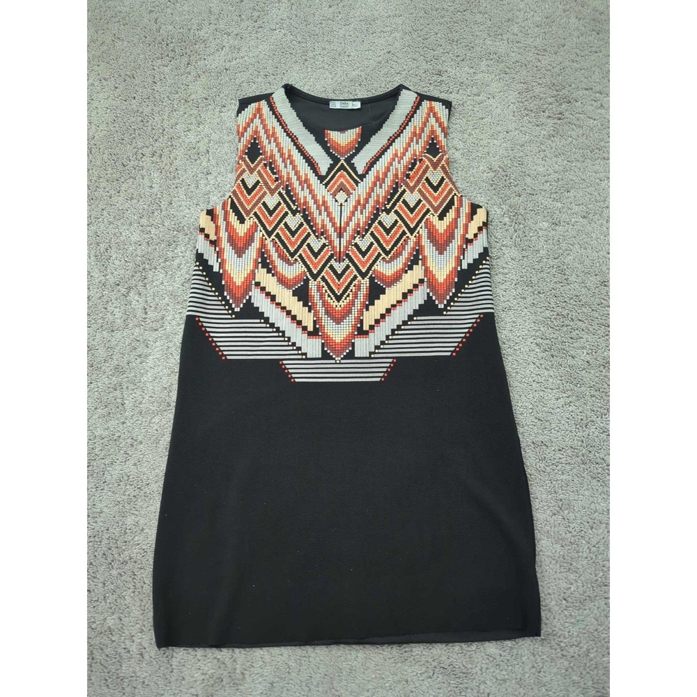 Zara Shift Dress Womens Medium Black Aztec‎ Poly Stretch Sleeveless Mini
